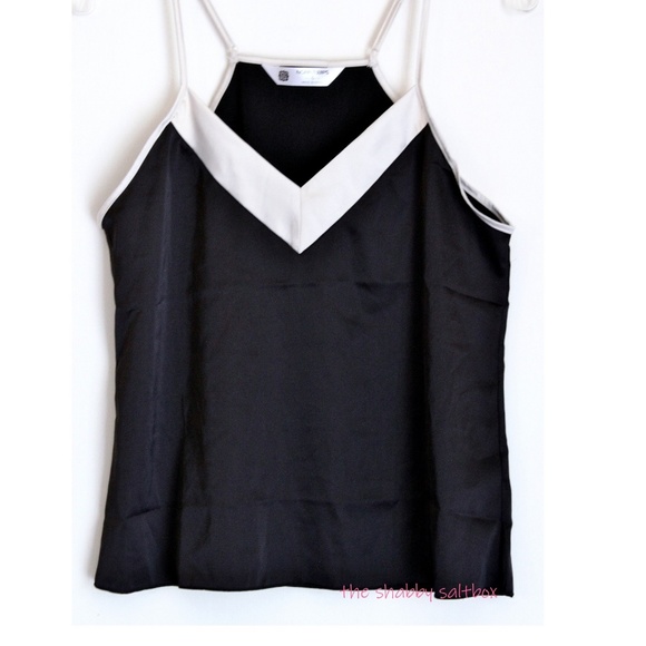 Cami Black Top Poly Satin White Trim Classy Modern - Picture 1 of 8